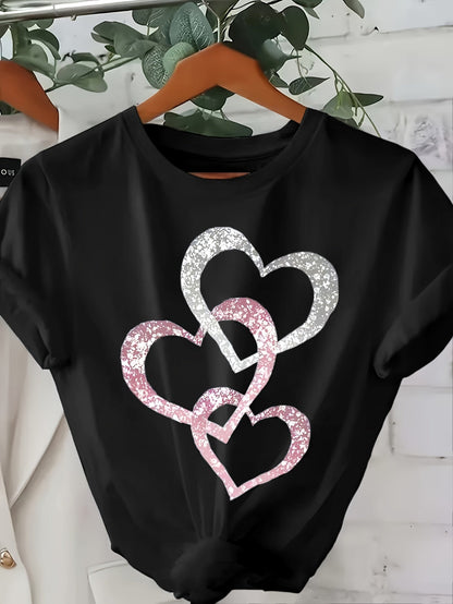 Damen T-Shirt mit Glitzer-Herzmotiv – Lockeres, modisches Freizeitshirt für Alltag & Sommer