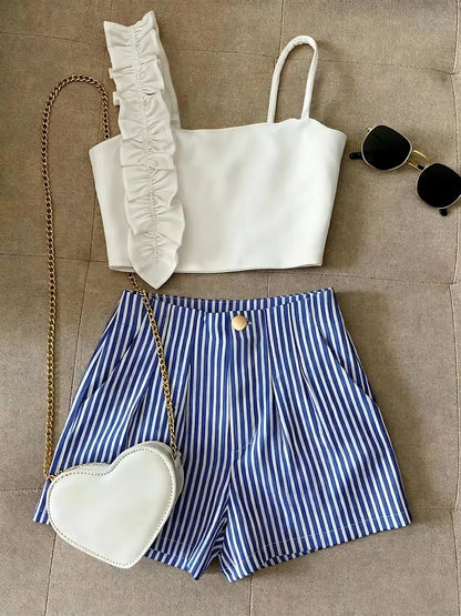 Damen Zweiteiler Set – Modisches Rüschen-Bustier & Gestreifte High-Waist Shorts, Stilvolles Outfit für Alltag & Freizeit