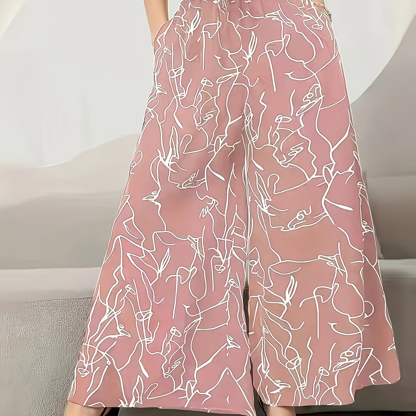 Damen Weite Palazzo-Hose mit Künstlerischem Linienmuster – Modische Statement-Hose für Alltag & Freizeit