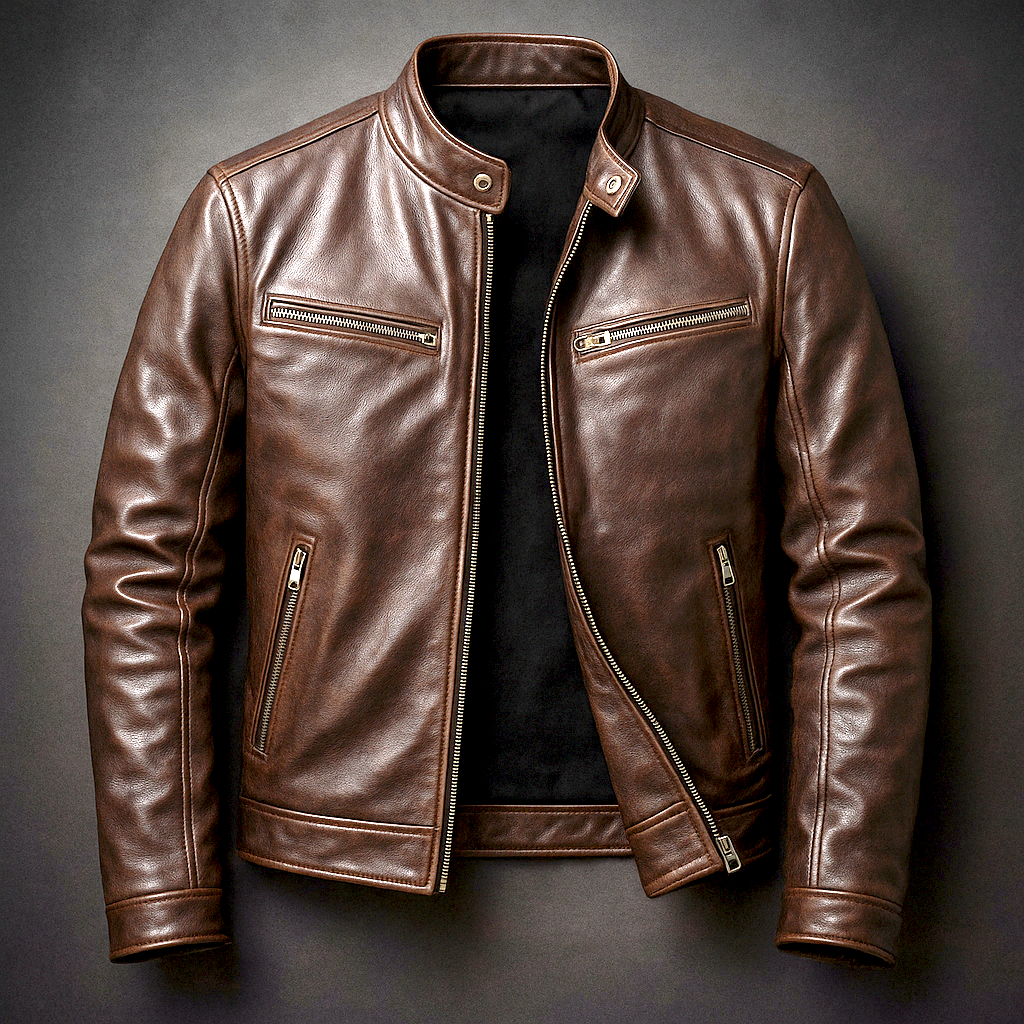 Herren Bikerjacke Grün mit Stehkragen und Reißverschlüssen