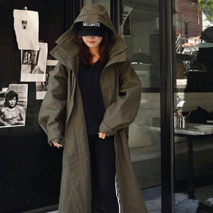 Olivgrüner Langer Trenchcoat mit Kapuze für Damen
