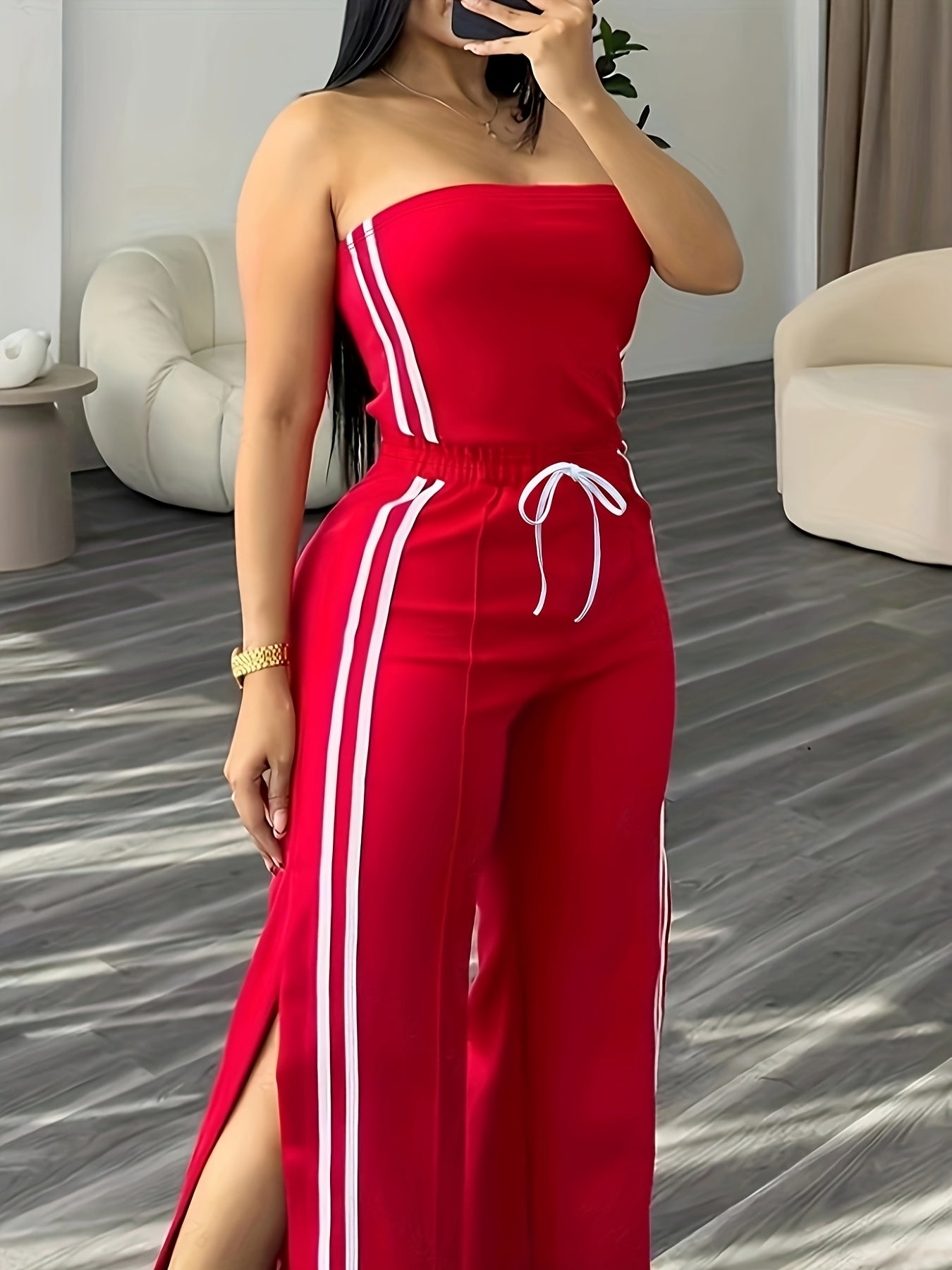 Damen Jumpsuit Sportlich Elegant Bandeau mit Streifen und weitem Bein