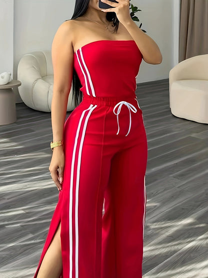 Damen Jumpsuit Sportlich Elegant Bandeau mit Streifen und weitem Bein