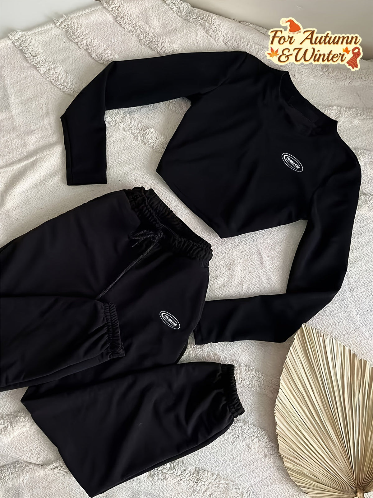 Damen Sportlicher Zweiteiler Cropped Langarmshirt & Jogginghose Schwarz