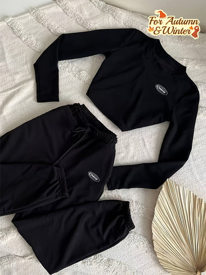 Damen Sportlicher Zweiteiler Cropped Langarmshirt & Jogginghose Schwarz