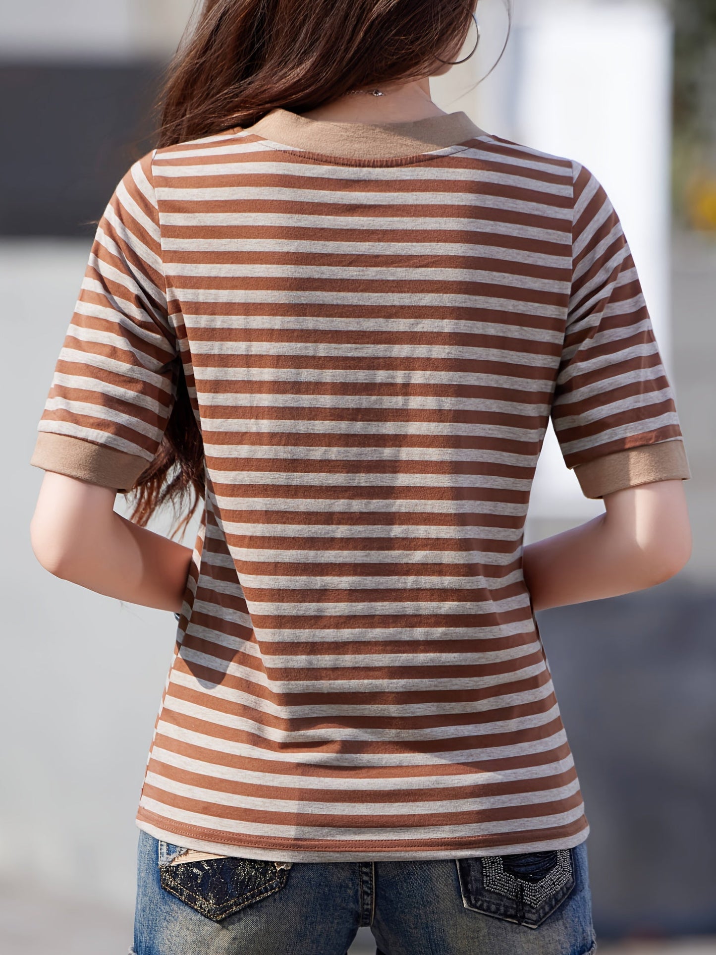 Damen Streifen T-Shirt mit V-Ausschnitt, Kurzarm, Modischer Freizeitstil