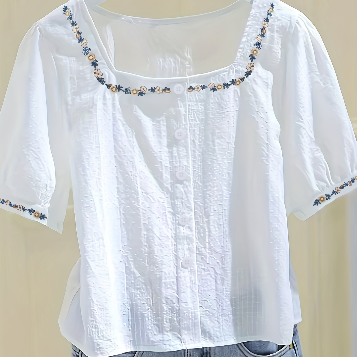 Damen Bluse elegant mit Stickerei und Quadratkragen – Sommer Freizeit Oberteil