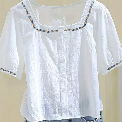 Damen Bluse elegant mit Stickerei und Quadratkragen – Sommer Freizeit Oberteil