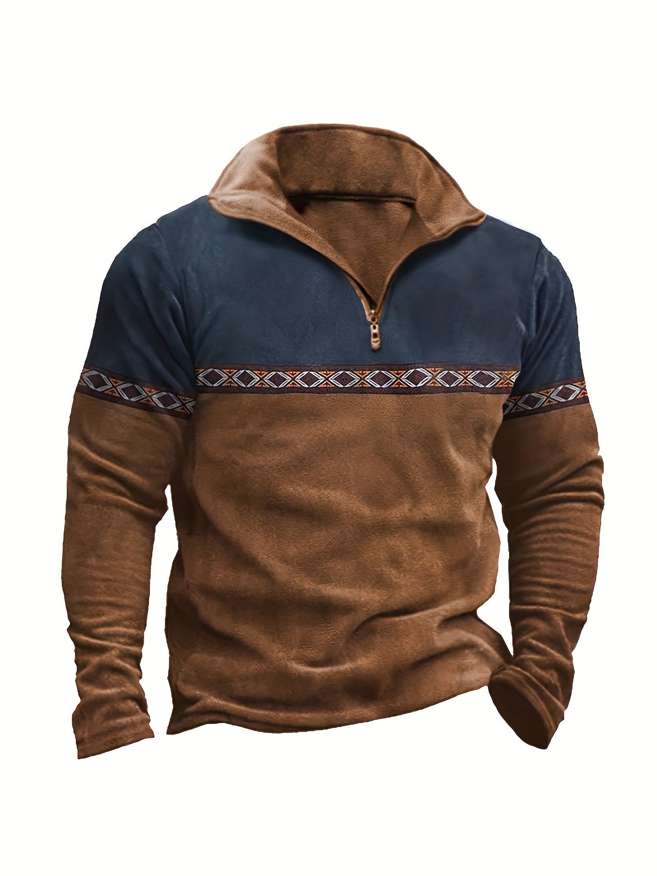 Herren Halb-Reißverschluss Pullover Braun Blau mit Ethno-Muster Stehkragen