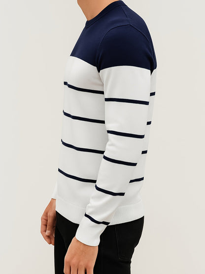 Herren Rundhals Pullover mit Blockstreifen und Rippbündchen