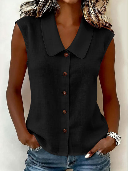 Damen Blusentop ohne Ärmel mit Knopfleiste und großem Kragen – Eleganter Freizeitstil für Alltag und Büro