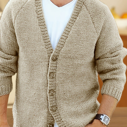 Herren Strickjacke Beige V-Ausschnitt Knopfleiste Lange Ärmel Grobstrick
