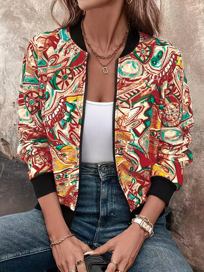 Damen Bomberjacke mit abstraktem Muster – Modischer Freizeit-Look für Alltag und Urlaub