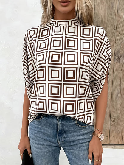 Damen Bluse mit Stehkragen und geometrischem Muster – Modischer Alltags- und Büro-Look