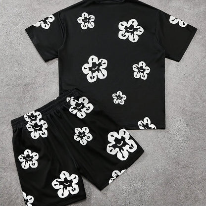 Herren Casual Set mit Blumenmuster – Freizeit Outfit mit T-Shirt und Shorts