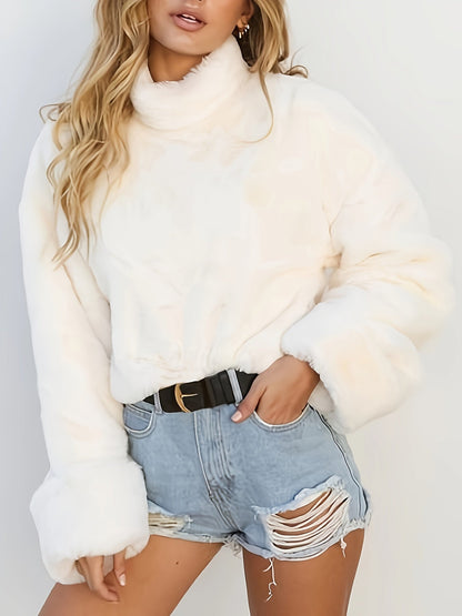 Damen Fell-Pullover Rollkragen Kurz Weich Beige