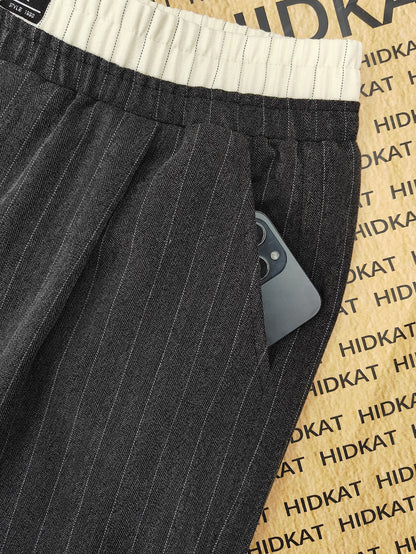 Herren Weite Lounge-Hose mit Nadelstreifen und Elastikbund – Moderner Relaxed Fit für Freizeit und Home Office