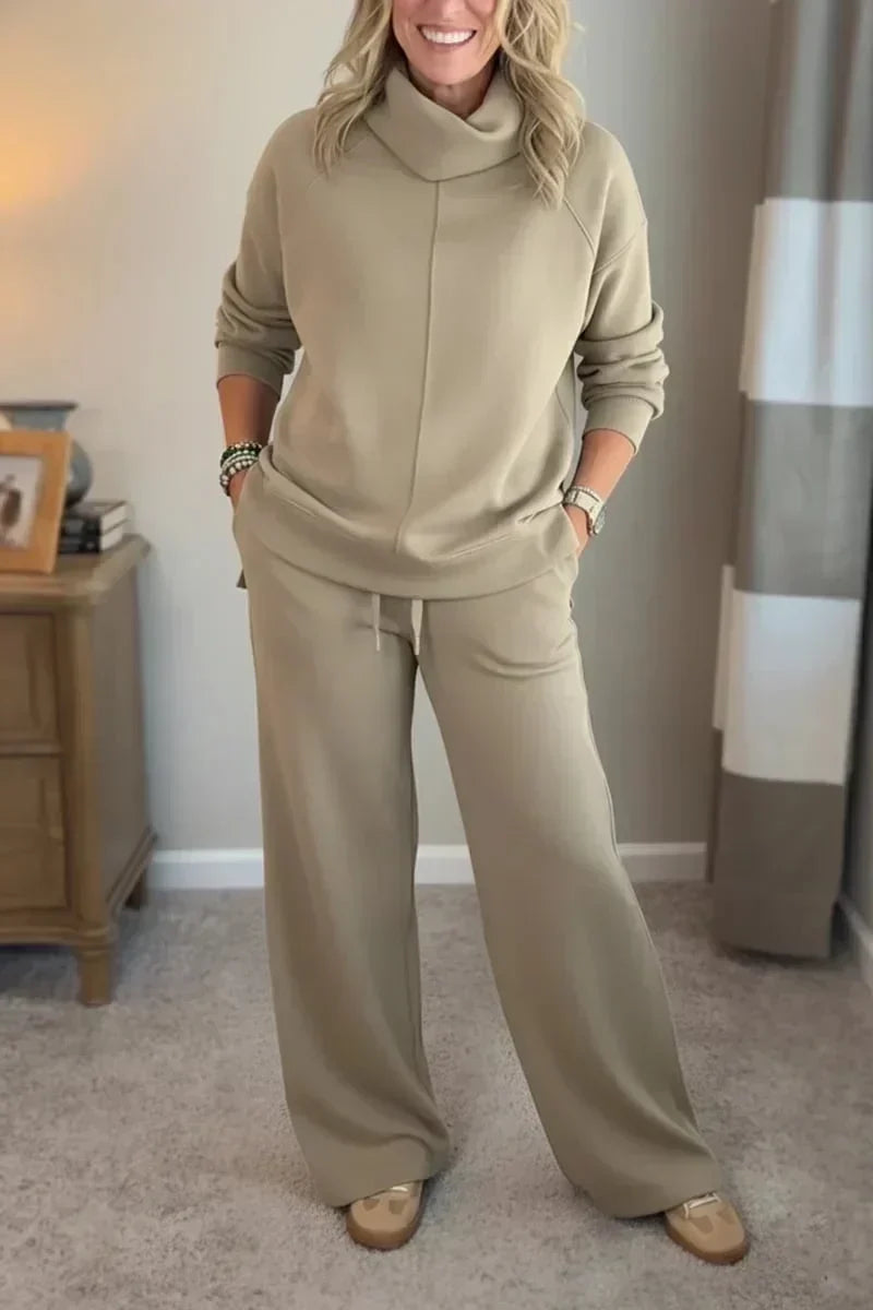 Damen Lounge Set Rollkragen Pullover & Weite Bein Hose Freizeitanzug