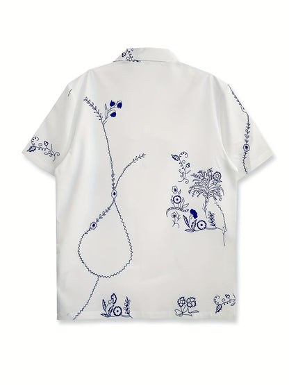 Herren Kurzarm-Resorthemd mit künstlerischem floralen Line-Art-Design – Modernes Freizeitshirt für stilvolle Sommermomente