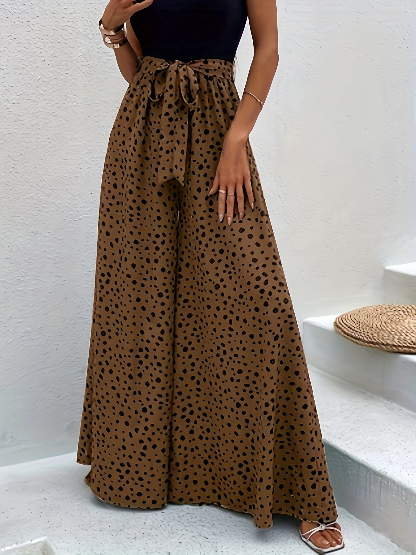 Damen Elegante Weitbeinige Palazzo-Hose mit Gürtel und Punktemuster – Perfekt für Freizeit und Sommer