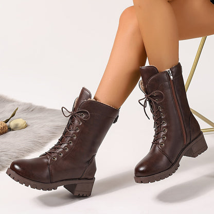Braune Schnürstiefel Damen mit Warmfutter und Reißverschluss