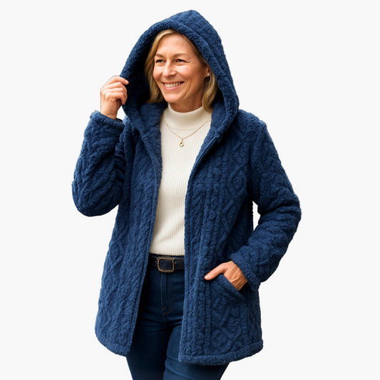 Damen Fleece-Kapuzenjacke im Strick-Look – Bequeme Freizeitjacke für Herbst und Winter
