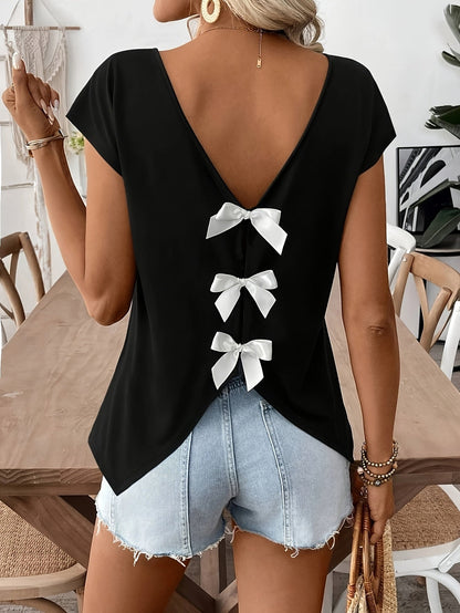 Damen Trendiges Rückendetail-Shirt mit Schleifen und V-Ausschnitt – Perfekt für Sommer, Freizeit & Urlaub