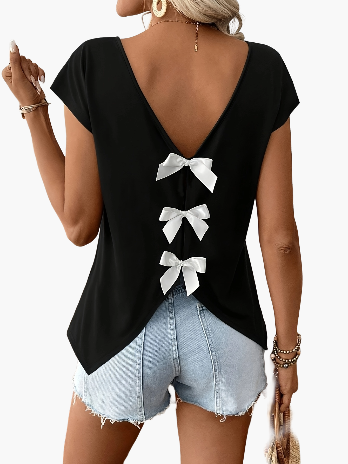 Damen Trendiges Rückendetail-Shirt mit Schleifen und V-Ausschnitt – Perfekt für Sommer, Freizeit & Urlaub