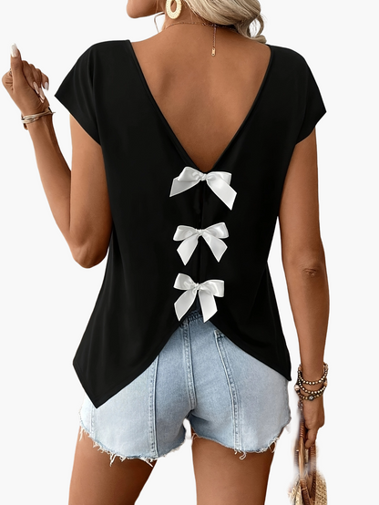 Damen Trendiges Rückendetail-Shirt mit Schleifen und V-Ausschnitt – Perfekt für Sommer, Freizeit & Urlaub