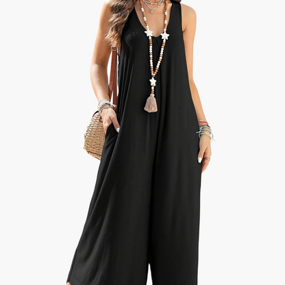 Damen Weites Sommer-Jumpsuit mit V-Ausschnitt und Taschen – Lässiger Einteiler für Alltag und Urlaub