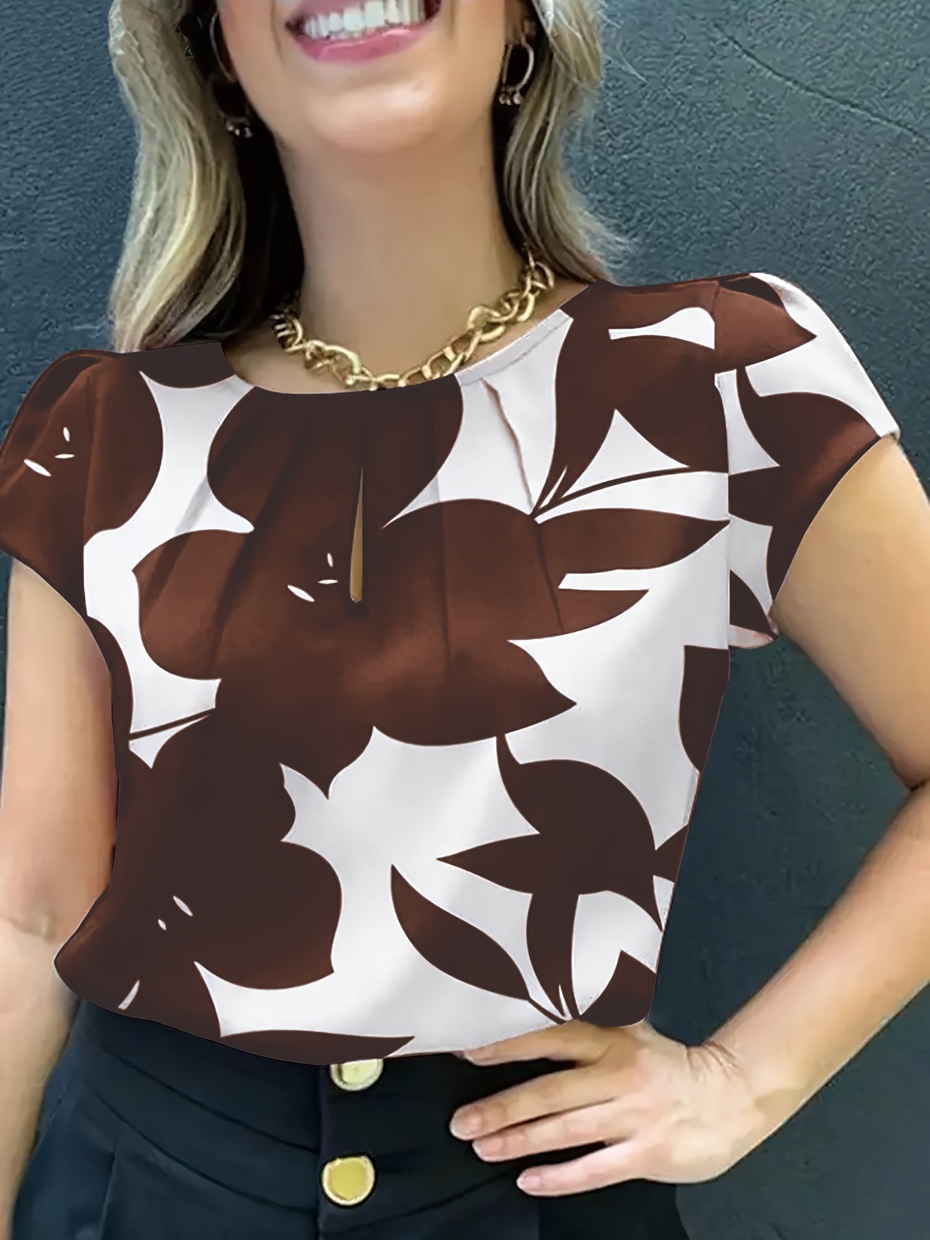 Damen Bluse mit modernem Print, Kurzarm, eleganter Büro- und Freizeitstil