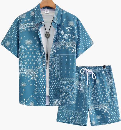Herren Kurzarm Freizeit Set mit Bandana-Print – Hemd und Shorts, Sommer Outfit, Lässige Mode