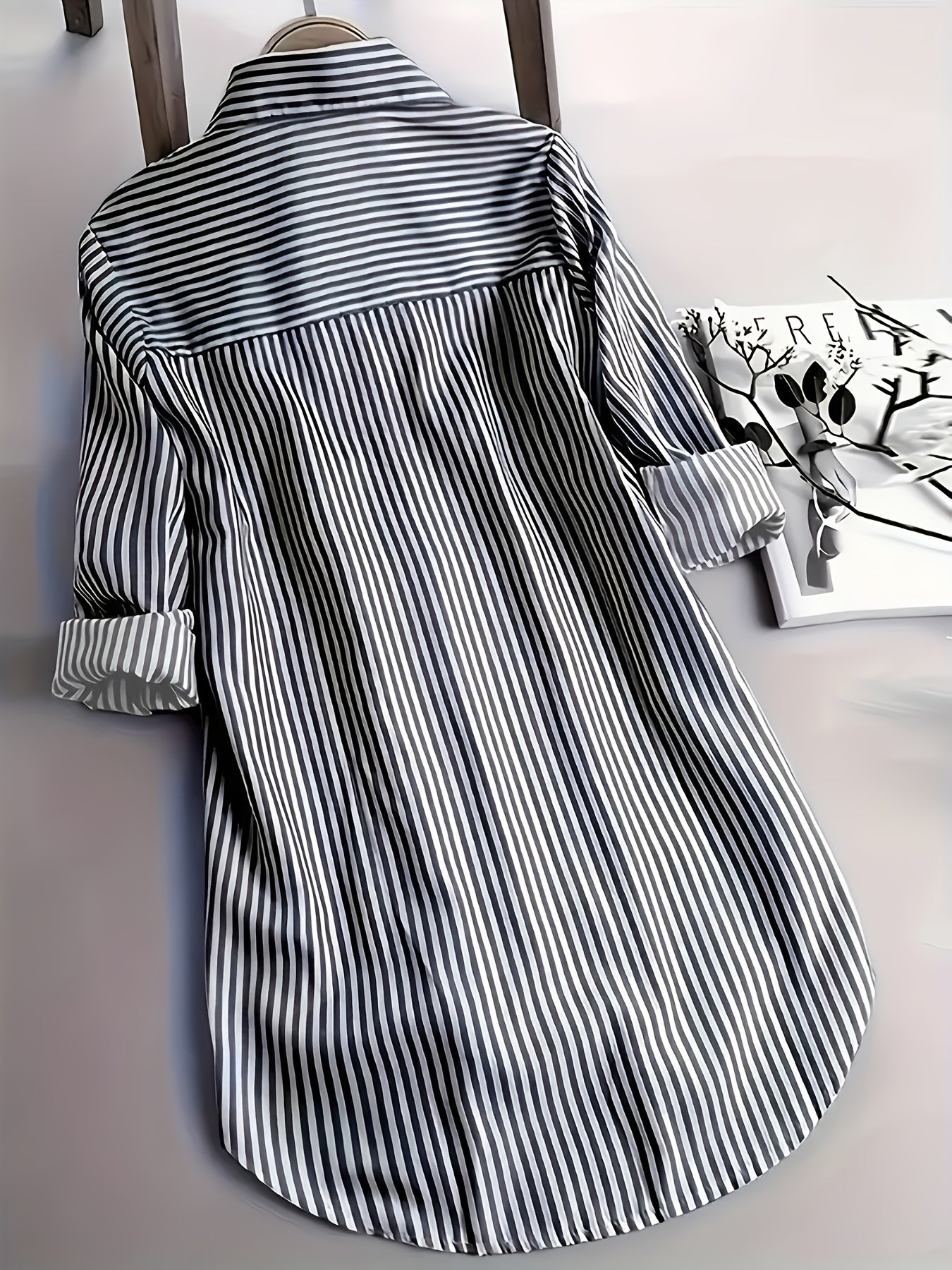 Damen Langarm Hemdbluse mit Streifenmuster und Knopfleiste – Elegante Freizeit- und Bürobluse