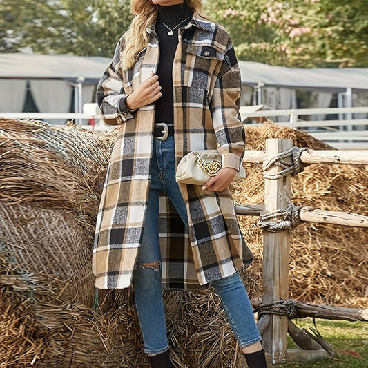 Damen Karierter Langmantel mit Hemdkragen und Knopfleiste in Braun-Beige