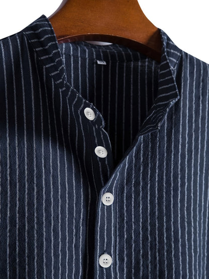 Herren Freizeit Hemd mit Stehkragen und Streifen – Modernes Kurzarmshirt für Alltag und Büro