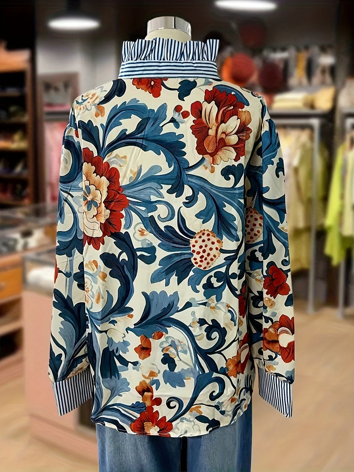 Damen Bluse Langarm Floral Gemustert Kragen Gestreift