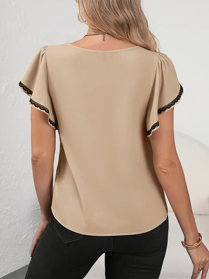 Damen Bluse Elegant V-Ausschnitt mit Volantärmeln und Spitzenbesatz – Business & Freizeit