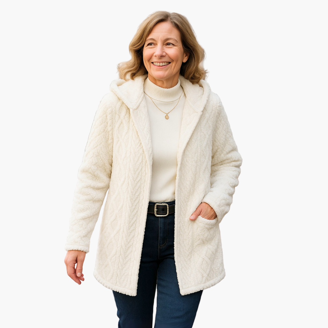Damen Fleece-Kapuzenjacke im Strick-Look – Bequeme Freizeitjacke für Herbst und Winter