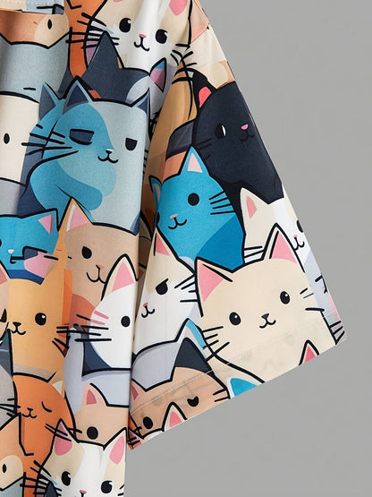 Herren Freizeithemd mit Katzen-Print – Kurzarm, Lustiges Design, Perfekt für Alltag & Party