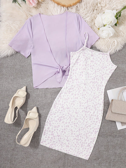 Damen Elegantes 2-teiliges Set – Florales Trägerkleid mit Kurzarm Bolero, Perfekt für Frühling und Sommer