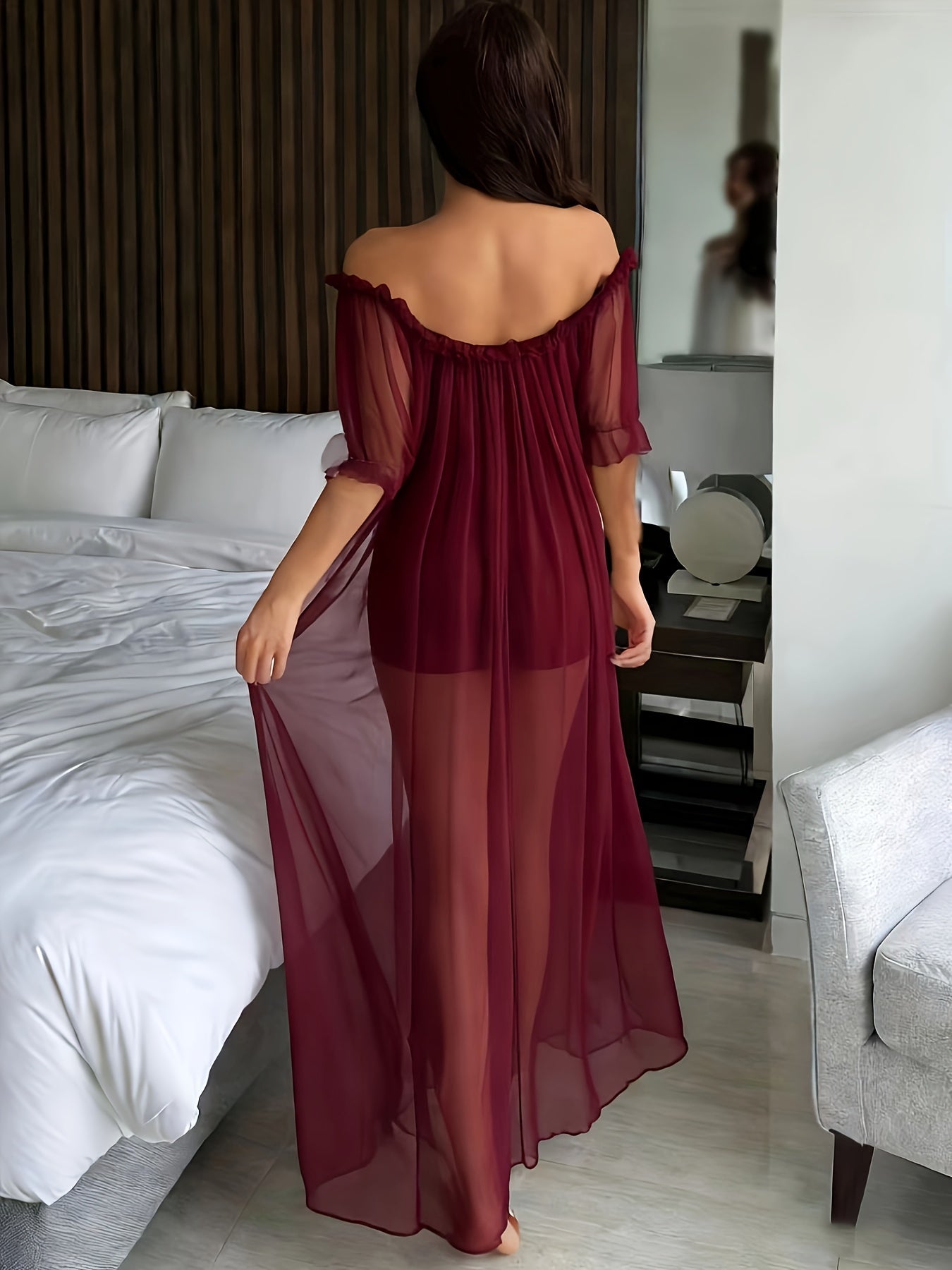 Damen Off-Shoulder Maxikleid Nachtkleid Elegant für Zuhause und Schlafen
