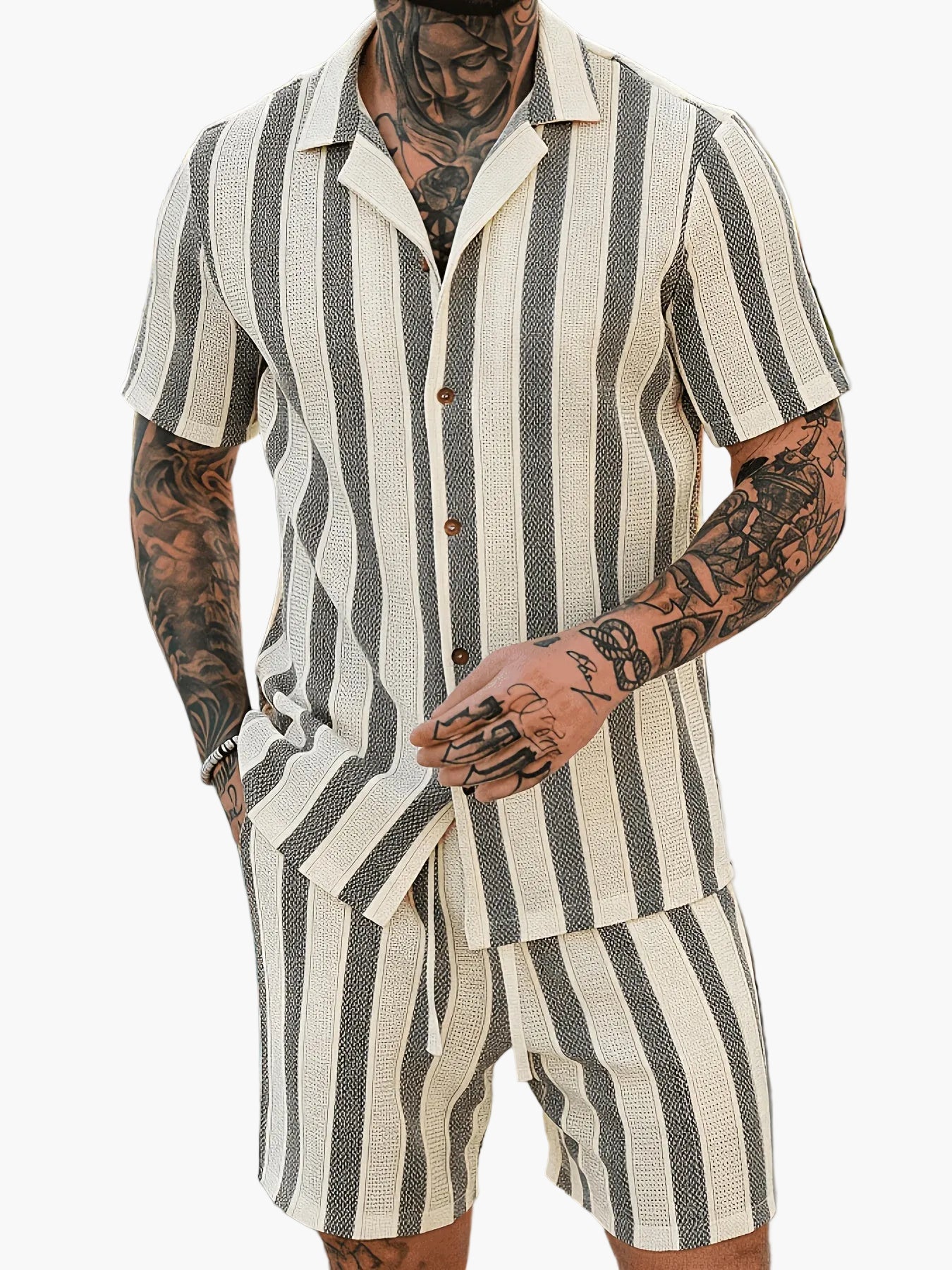 Herren Set Kurzarmhemd und Shorts im lässigen Streifen-Design für Sommer und Freizeit