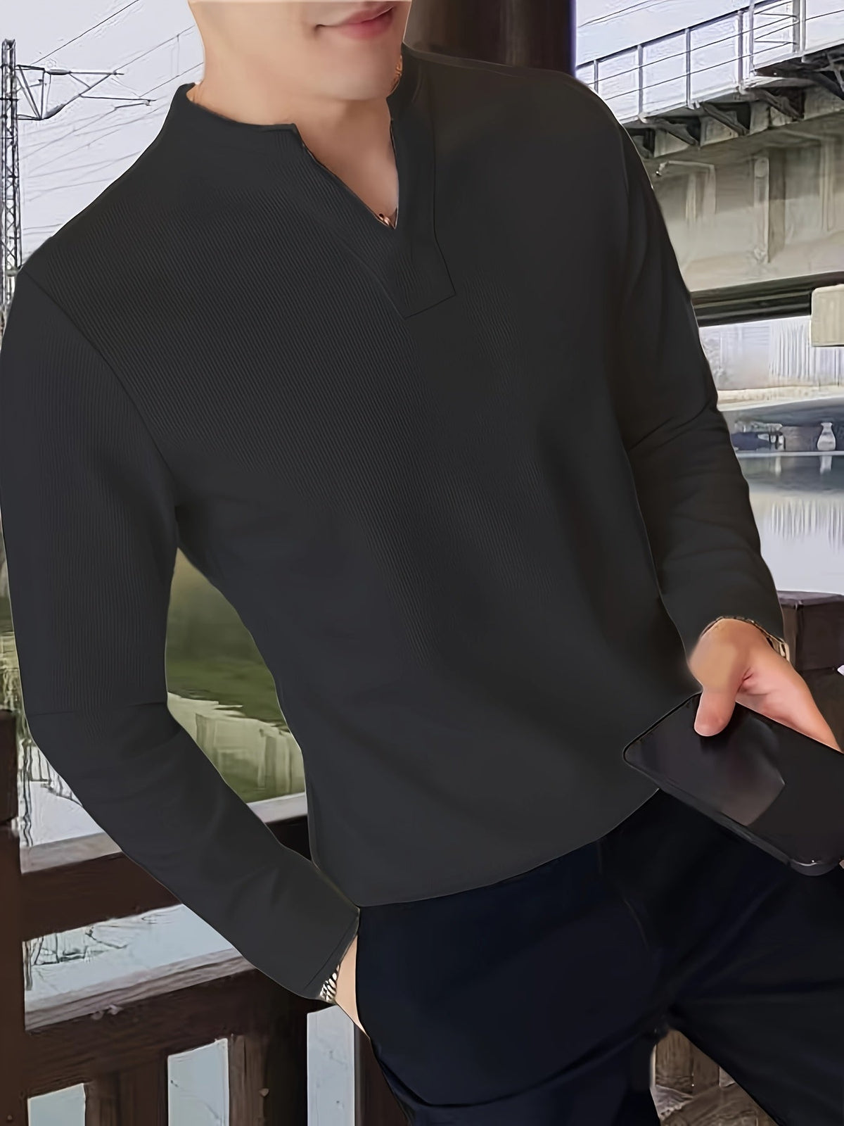 Herren Langarmshirt Henley Kragen Gerippt Weiß Freizeitshirt