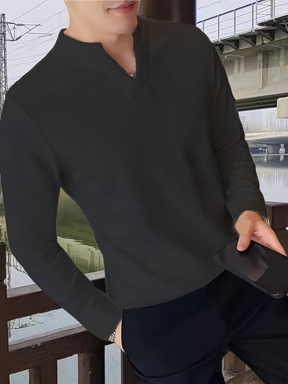 Herren Langarmshirt Henley Kragen Gerippt Weiß Freizeitshirt