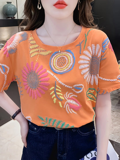 Damen Sommer T-Shirt mit Stickerei und Boho-Design – Lässiges Freizeitshirt, Kurzarm, Trendy Muster