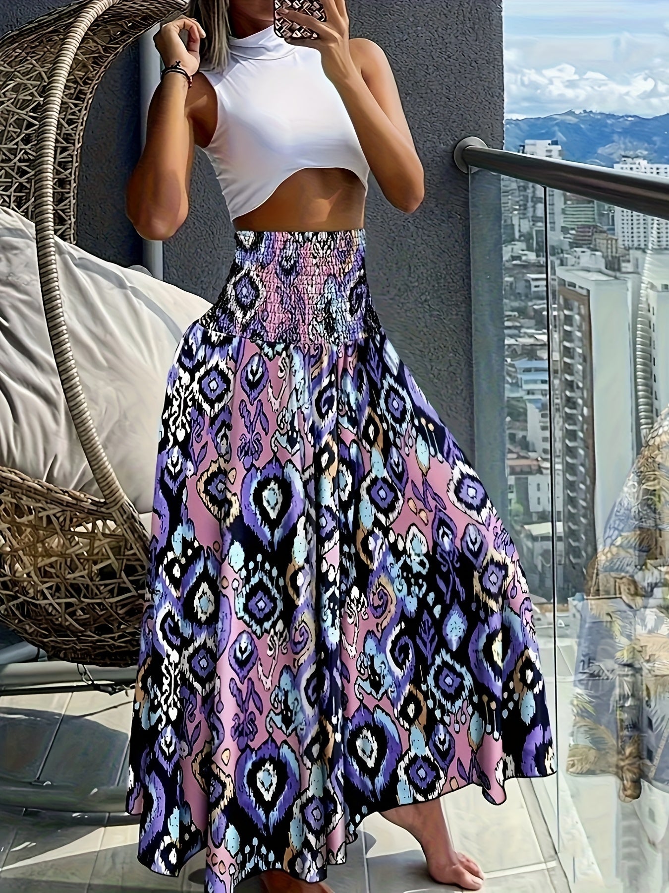 Damen Maxirock mit tropischem Print – Eleganter Boho-Stil für Sommer und Urlaub