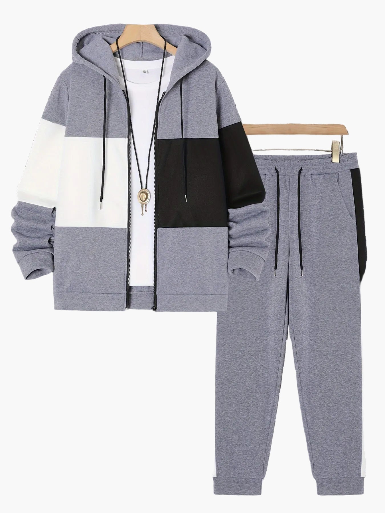 Herren Trainingsanzug Set mit Kapuzenjacke – Patchwork, Casual, Sport & Freizeit