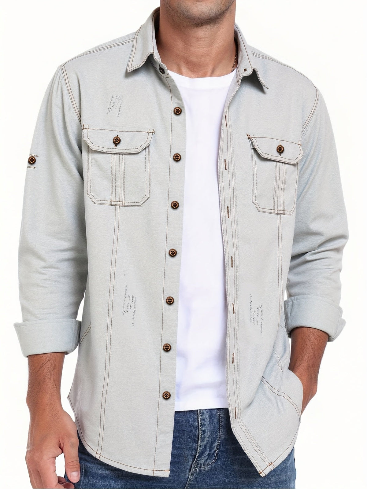 Herren Langarmhemd im Denim-Stil mit Brusttaschen