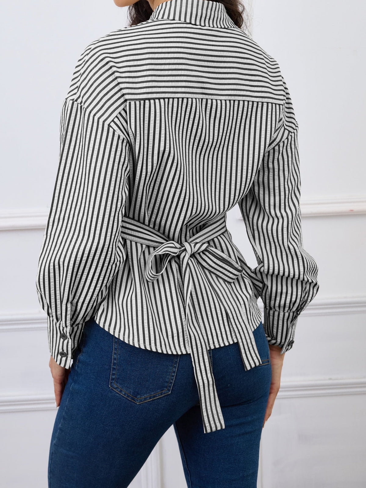 Damen Streifen Bluse mit Bindedetail hinten Langarm