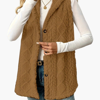 Damen Strickweste mit Kapuze und Knöpfen – Eleganter Lagenlook für Alltag und Freizeit